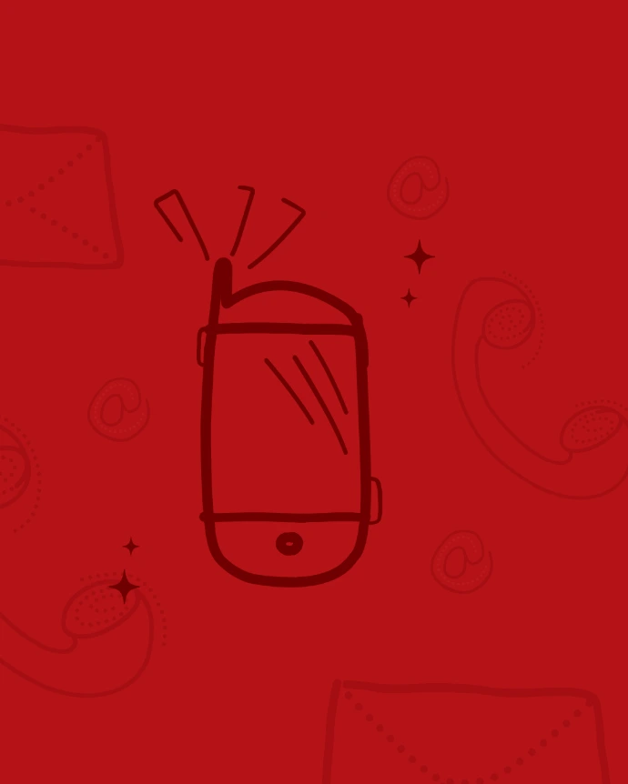Illustration of a mobile phone with signal waves, surrounded by email, phone, and contact icons on a red background